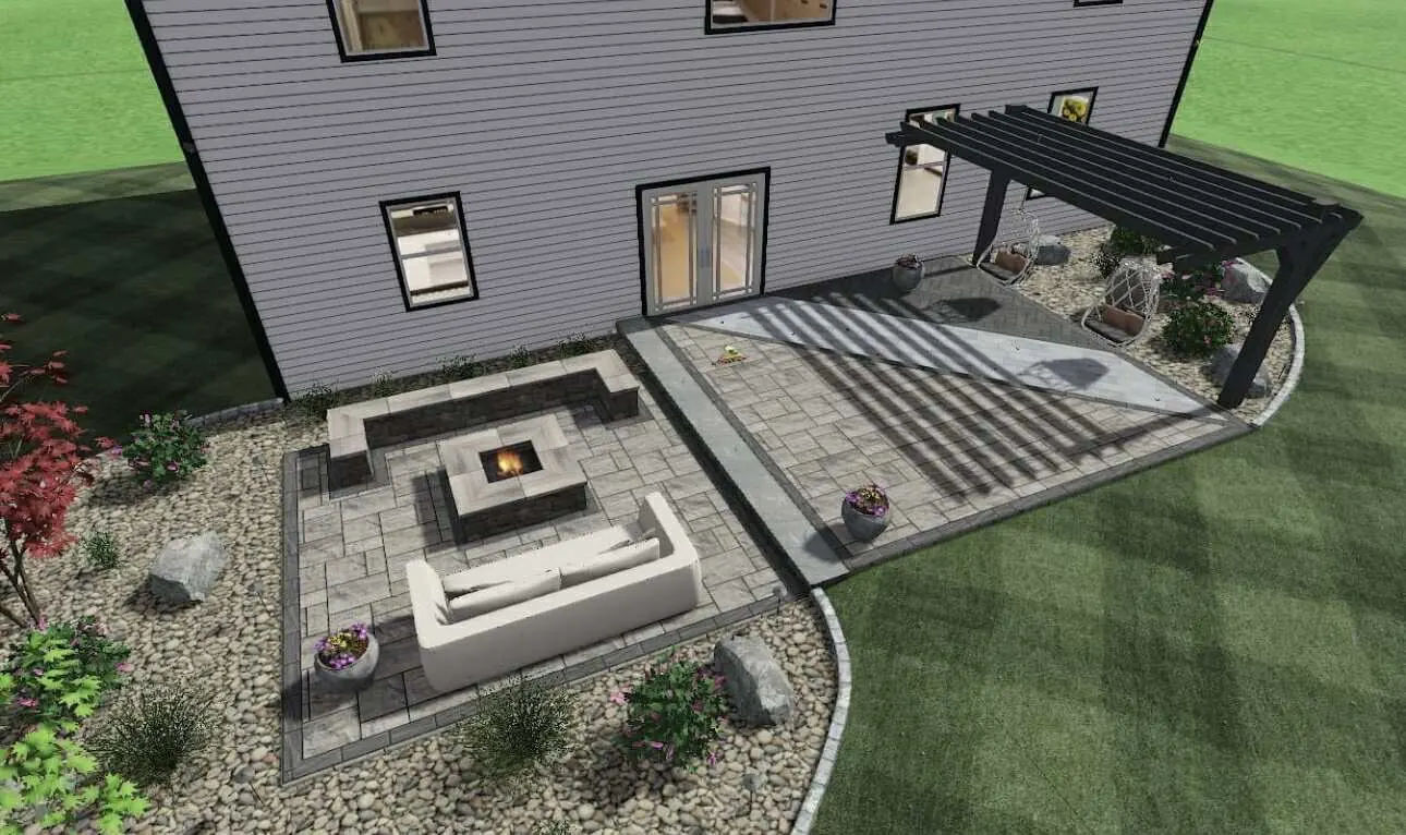 3D landscape design with paver patio, seating area, and landscaping in daylight