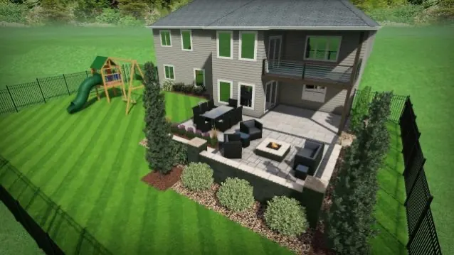 3D rendering of family backyard with paver patio, fire pit, seating areas, and playset