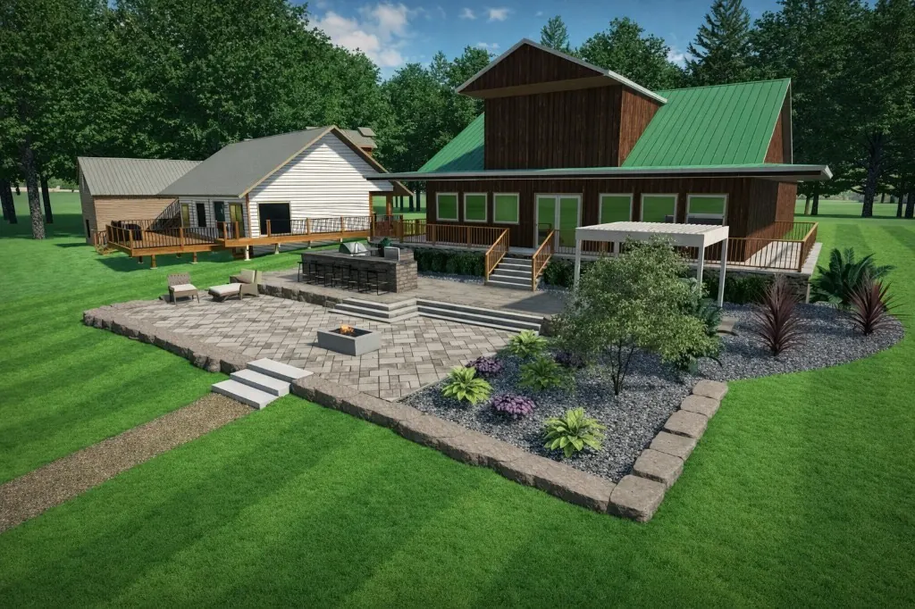 3D rendering of rural property with outdoor kitchen, paver patio, fire pit, and pergola
