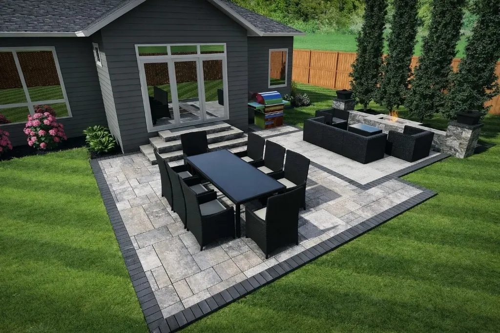 3D landscape design rendering showing paver patio with dining area, lounge, and fire pit - HT Outdoor Living