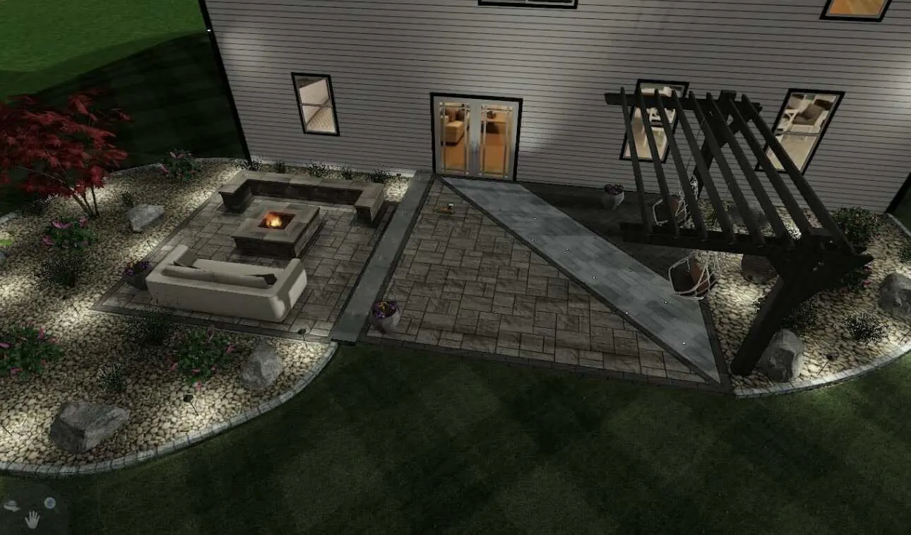 3D design rendering at night showing fire pit glow, pergola, and paver patio