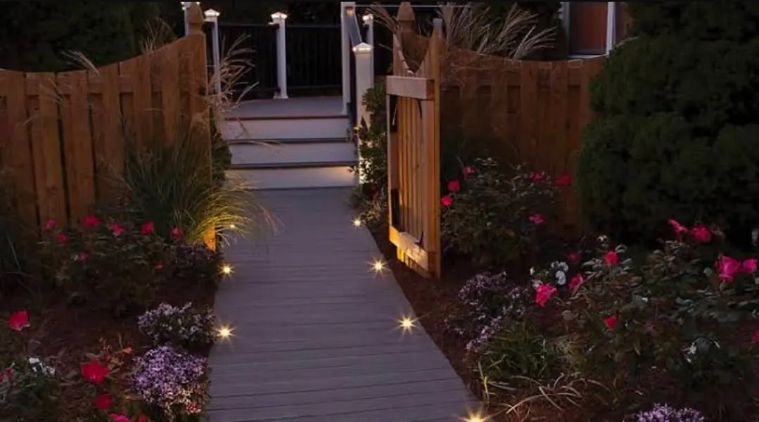 Composite deck walkway with in-ground lights surrounded by roses and ornamental grasses