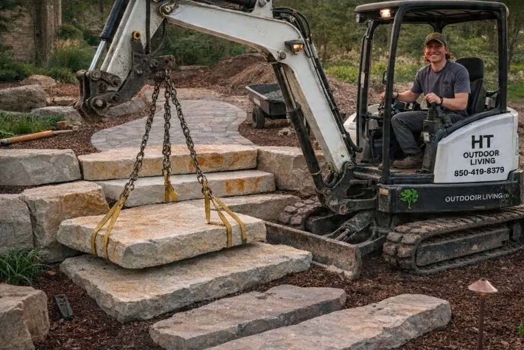 Kyle installing natural stone steps with excavator - HT Outdoor Living Freeport FL